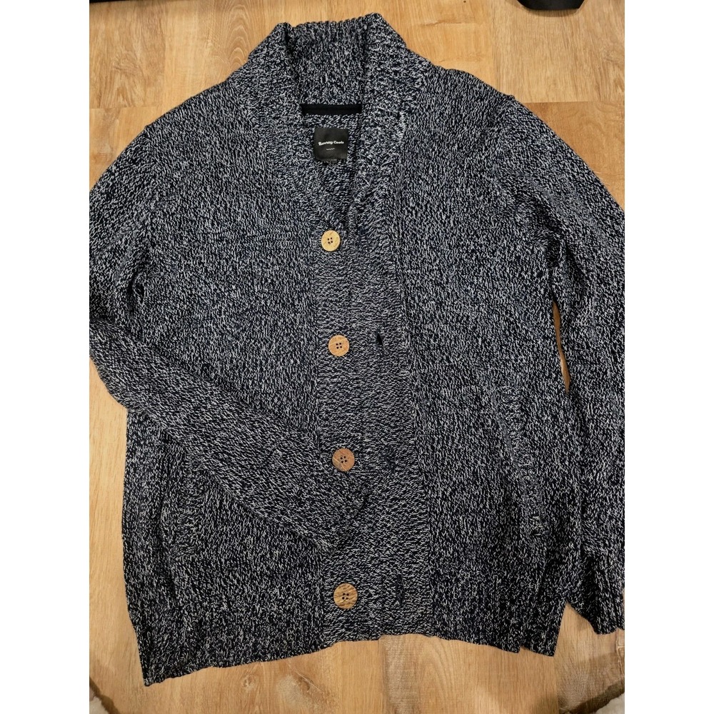 Barney Cools‎ Men's Cardigan Shawl Collar Sweater M Marled Black White Knit Gray